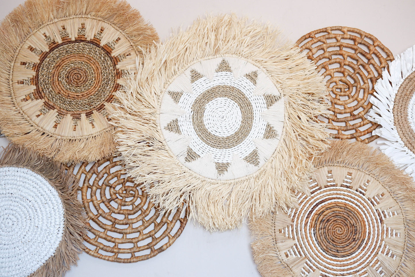 Natural Boho Basket Wall Decor Set 11, Wicker Basket Wall Decor, Bohemian Wall Basket Decor, Seagrass Wall Decor, Fringe Hanging Wall Decor