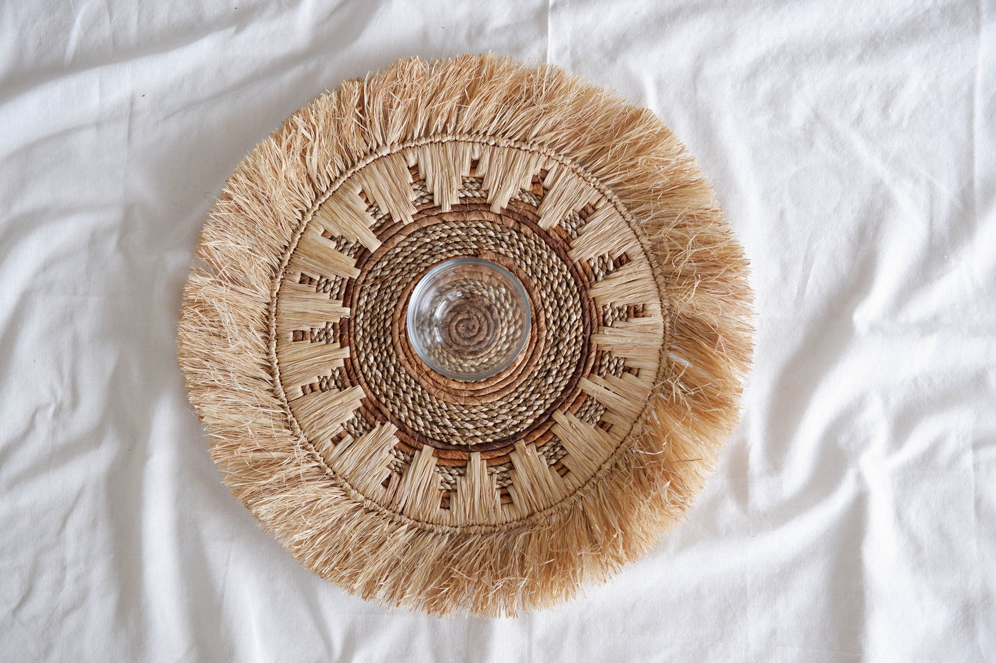 Seagrass Basket Wall Decor, Boho Fringe Wall Decor, Raffia Fringe Placemat, Woven Fringe Basket Wall Decor, Banana Bark Natural Wall Hanging