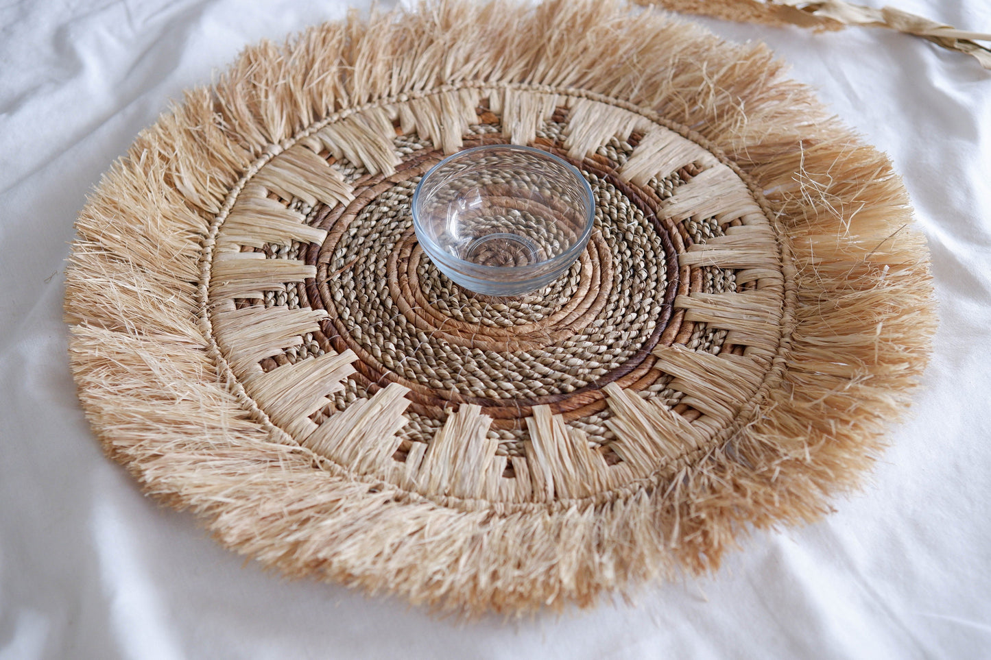 Seagrass Basket Wall Decor, Boho Fringe Wall Decor, Raffia Fringe Placemat, Woven Fringe Basket Wall Decor, Banana Bark Natural Wall Hanging