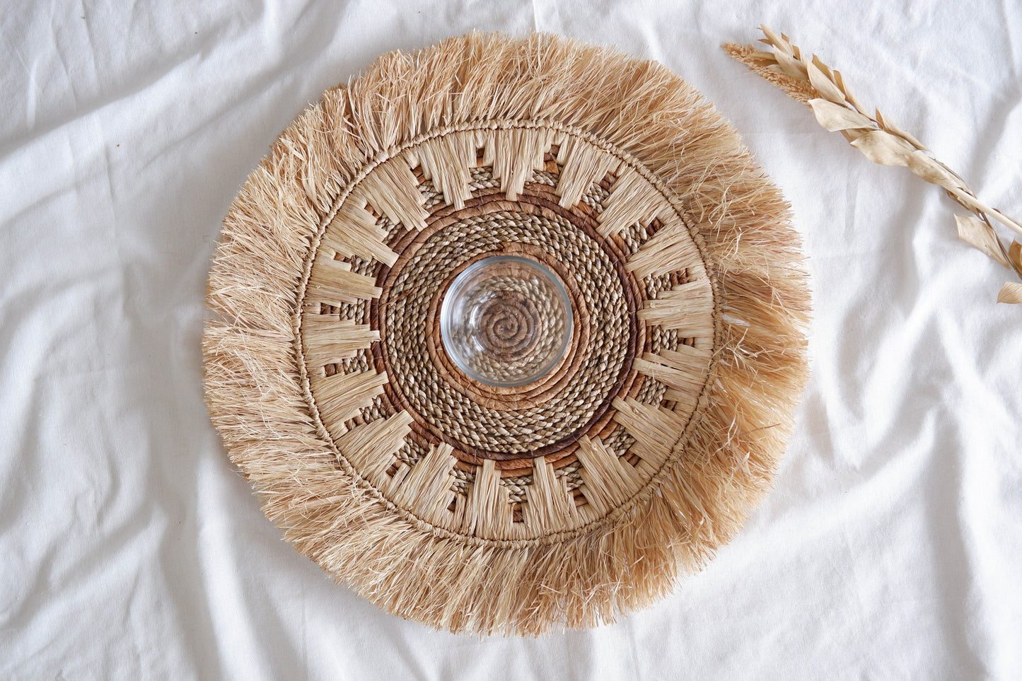 Seagrass Basket Wall Decor, Boho Fringe Wall Decor, Raffia Fringe Placemat, Woven Fringe Basket Wall Decor, Banana Bark Natural Wall Hanging