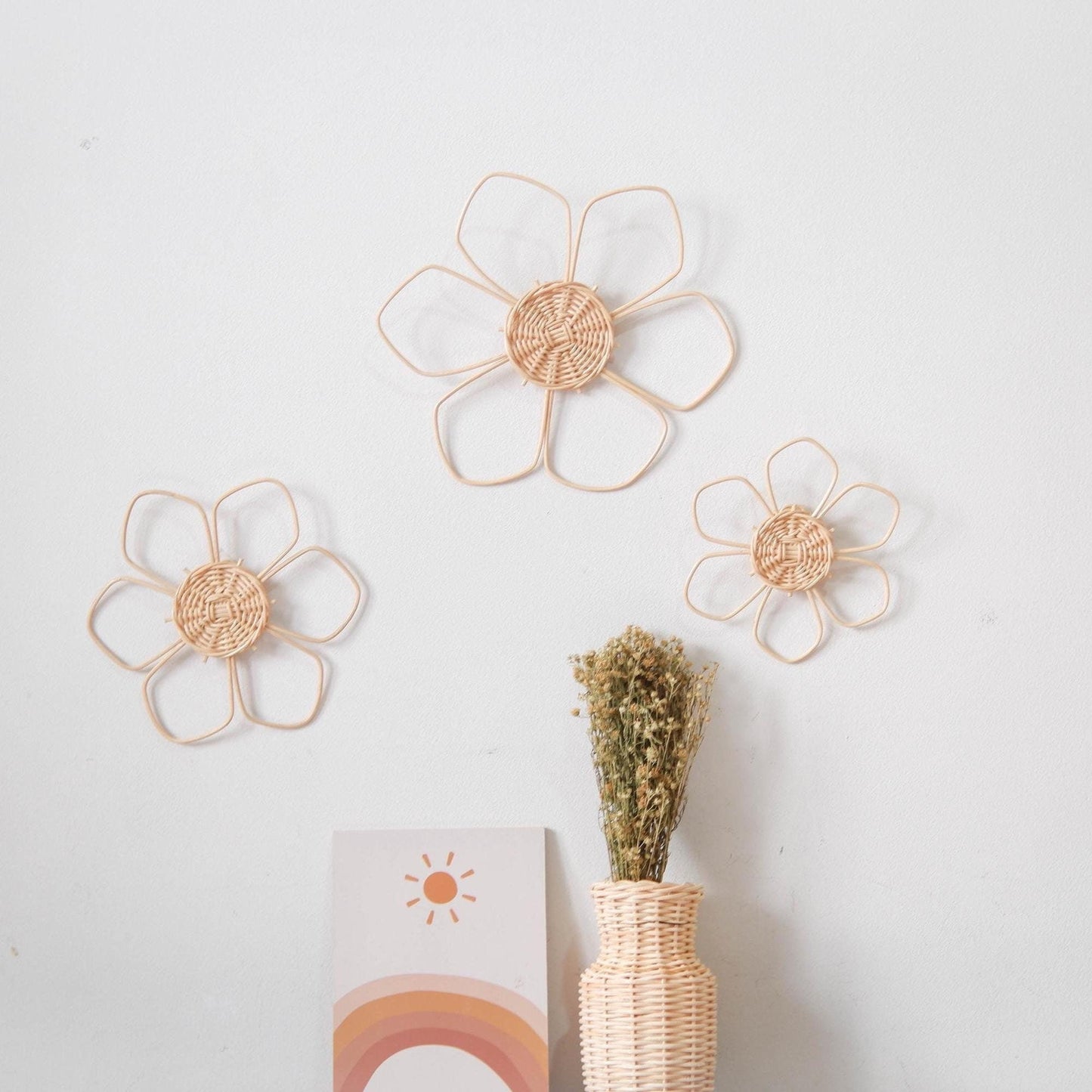 Rattan Flower Wall Decor Set 3, Daisy Rattan Nursery Decor, Boho Rattan Girl Nursery Flower, Boho Kids Bedroom Decor, Playroom Decor Girl