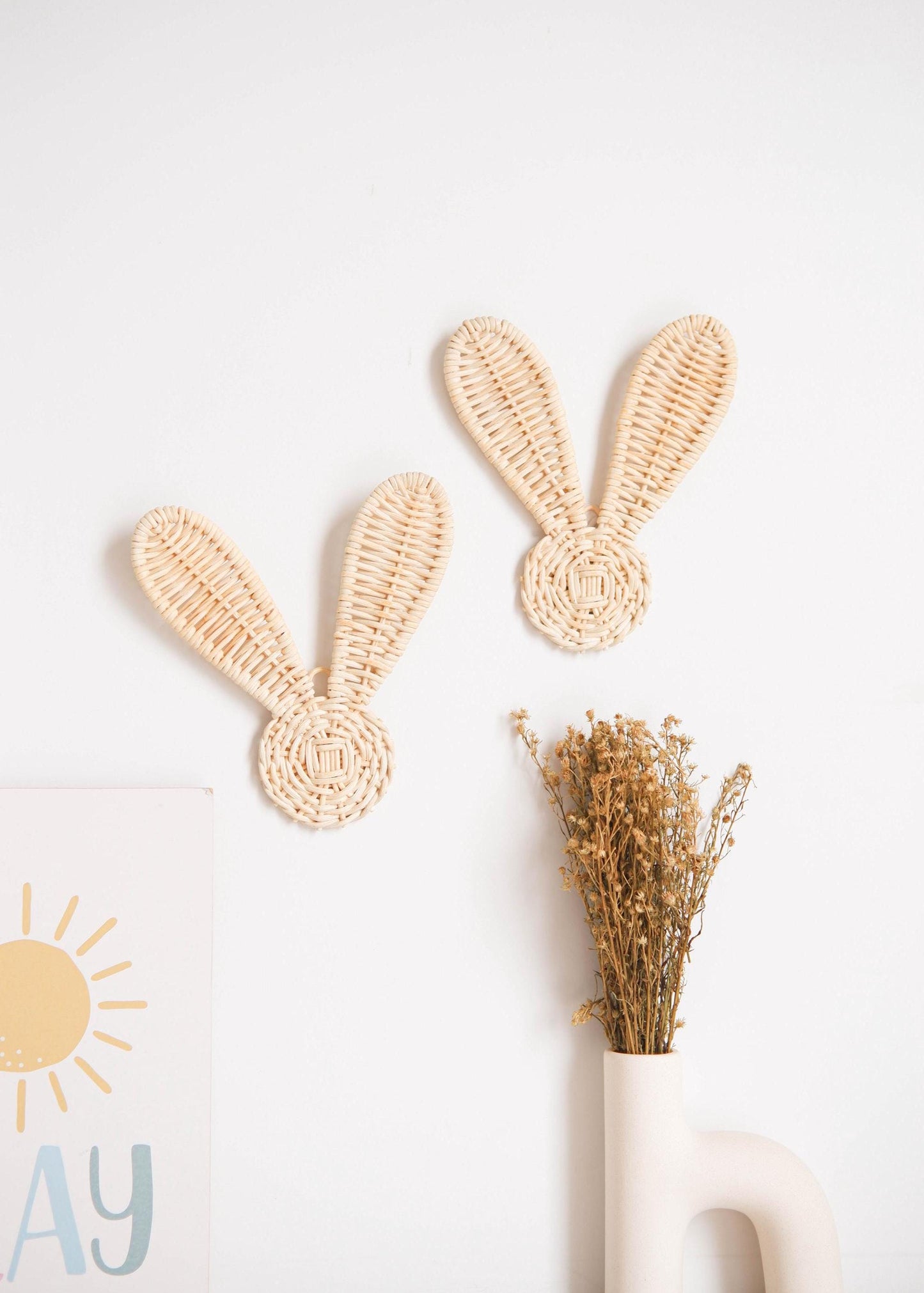Rattan Bunny Decor Set 2, Boho Rattan Nursery Decor, Bunny Nursery Decor for Girl, Easter Rabbit Decor,  Rattan Wall Art for Kids Playroom