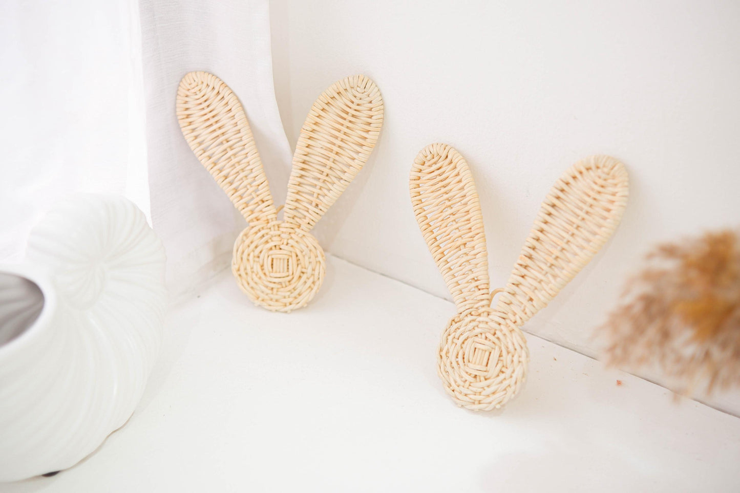 Rattan Bunny Decor Set 2, Boho Rattan Nursery Decor, Bunny Nursery Decor for Girl, Easter Rabbit Decor,  Rattan Wall Art for Kids Playroom