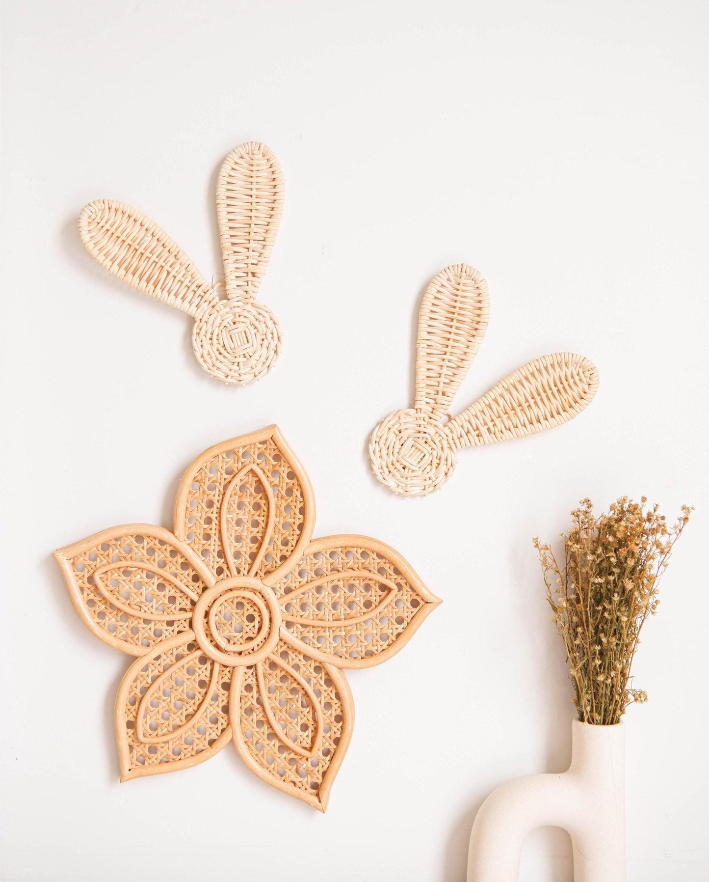 Rattan Bunny Decor Set 2, Boho Rattan Nursery Decor, Bunny Nursery Decor for Girl, Easter Rabbit Decor,  Rattan Wall Art for Kids Playroom