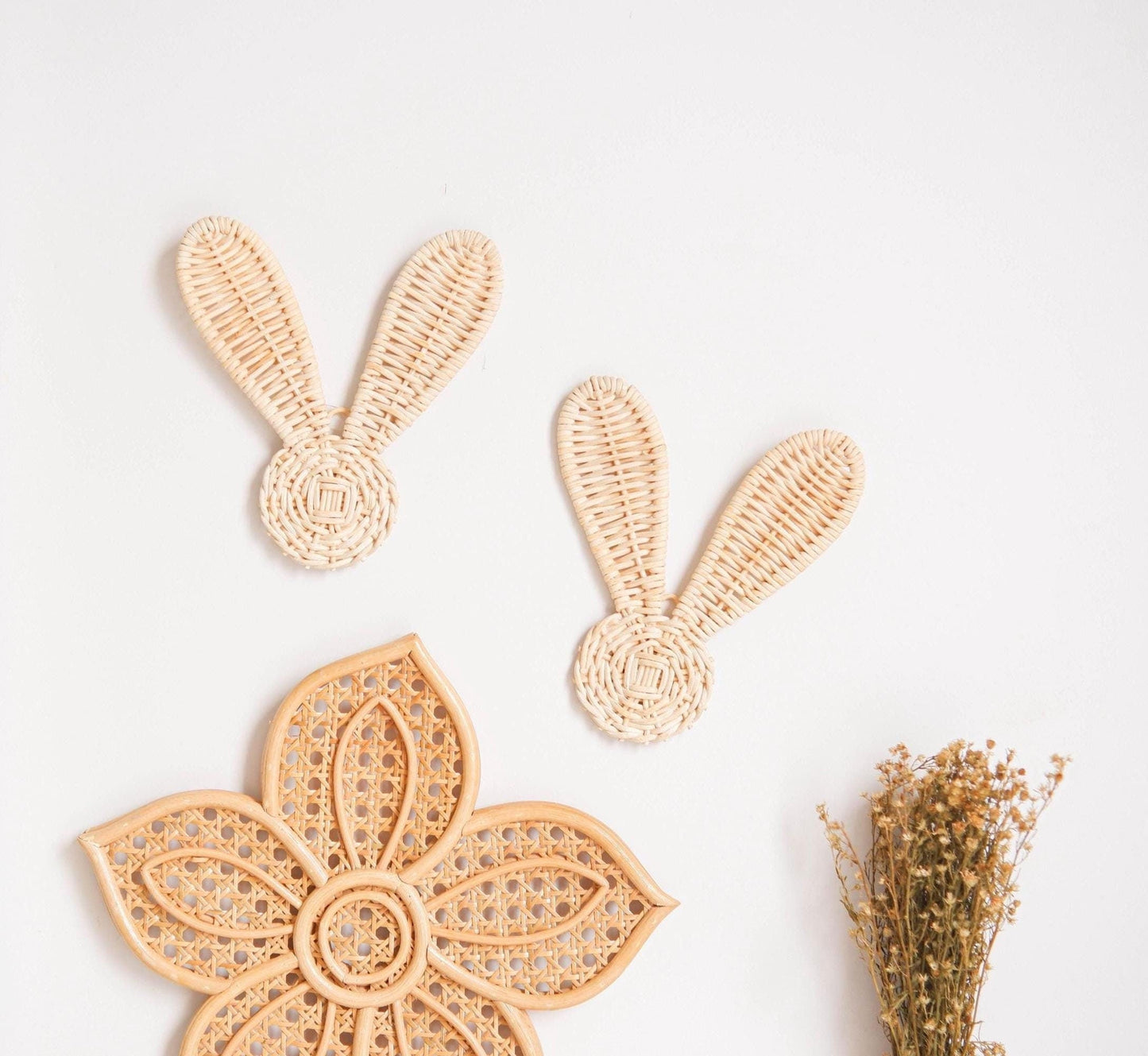 Rattan Bunny Decor Set 2, Boho Rattan Nursery Decor, Bunny Nursery Decor for Girl, Easter Rabbit Decor,  Rattan Wall Art for Kids Playroom
