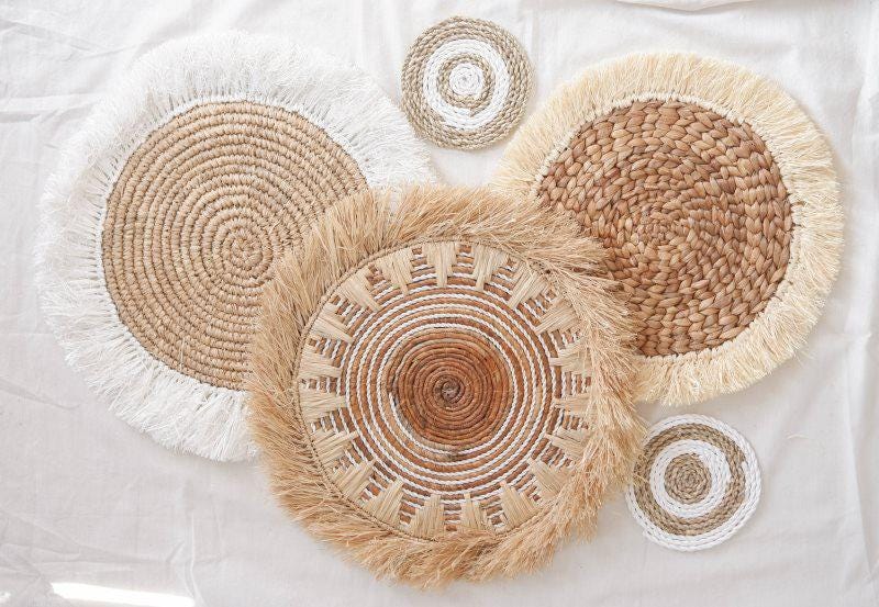 Boho Basket Wall Decor Set 5, Boho Wall Basket with Fringe, Seagrass Basket Wall Hanging, Round Straw Wall Art, Natural Wicker Wall Decor