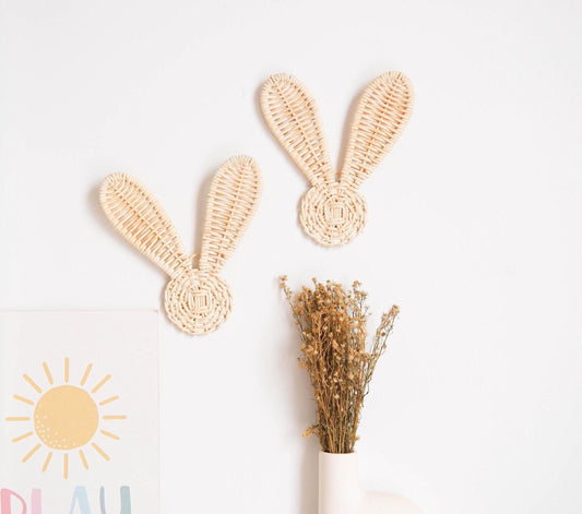 Rattan Bunny Decor Set 2, Boho Rattan Nursery Decor, Bunny Nursery Decor for Girl, Easter Rabbit Decor,  Rattan Wall Art for Kids Playroom
