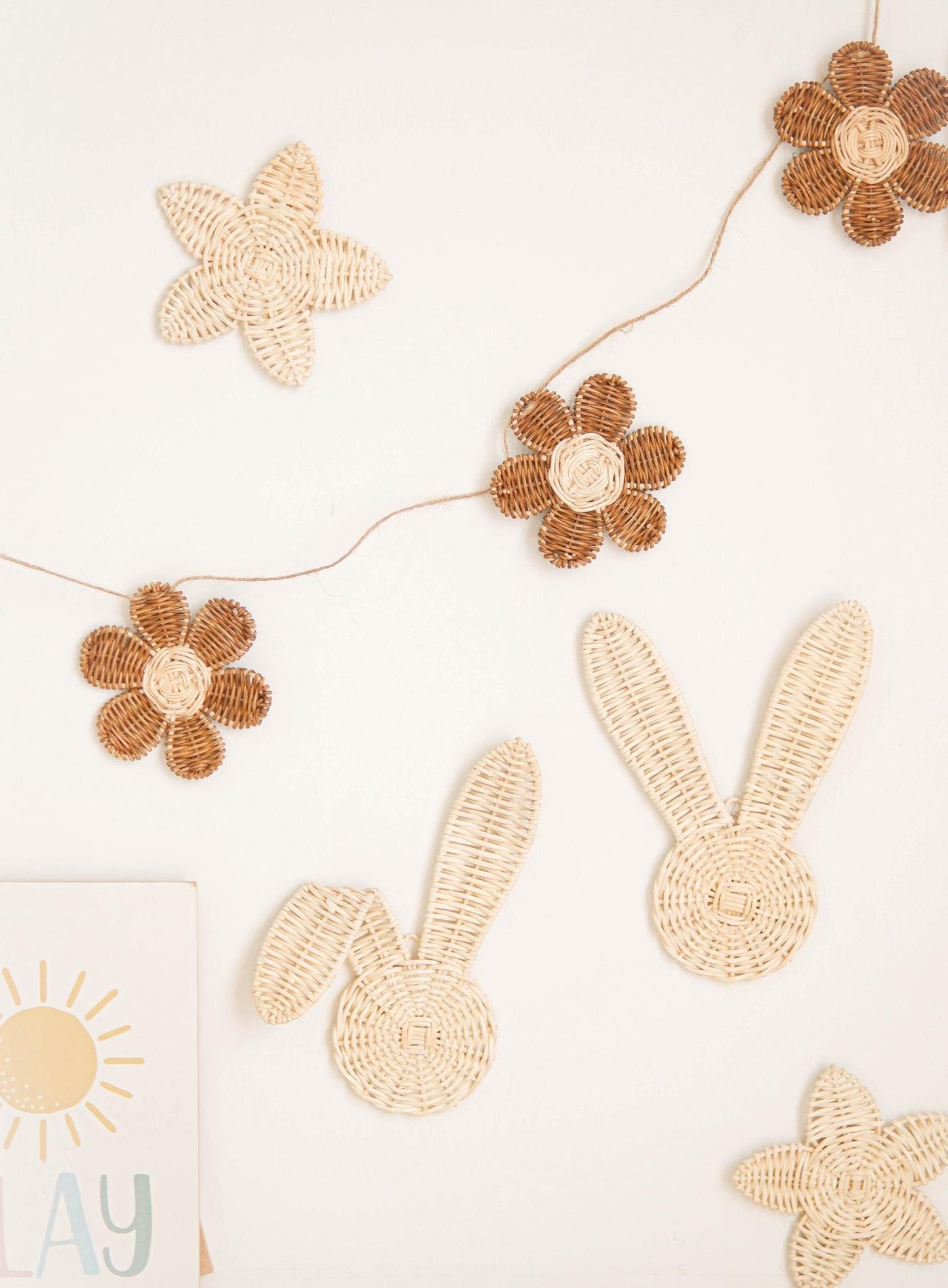 Boho Rattan Nursery Wall Decor SET, Bunny Rattan Decor Set, Bunny Nursery Decor for Girl, Easter Rabbit Decor, Beach Baby Room Decor