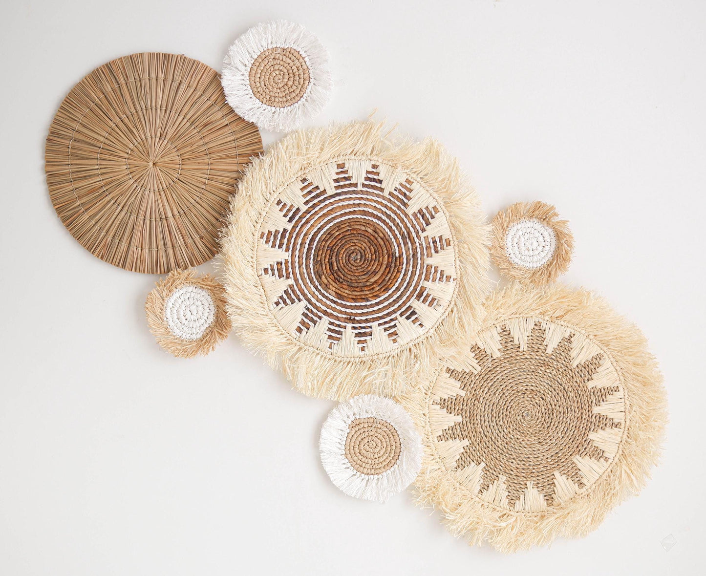 Boho Wall Basket With Fringet Set Of 7, Seagrass Basket Wall Decor, Natural Wall Decor, Boho Wicker Wall Plates, Bohemian Wall Decor