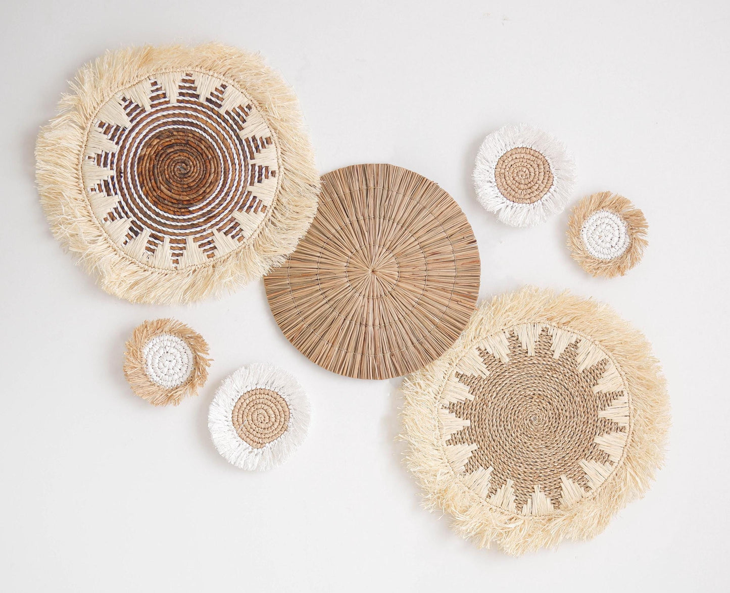 Boho Wall Basket With Fringet Set Of 7, Seagrass Basket Wall Decor, Natural Wall Decor, Boho Wicker Wall Plates, Bohemian Wall Decor