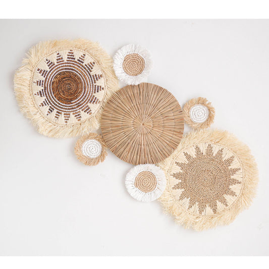 Boho Wall Basket With Fringet Set Of 7, Seagrass Basket Wall Decor, Natural Wall Decor, Boho Wicker Wall Plates, Bohemian Wall Decor