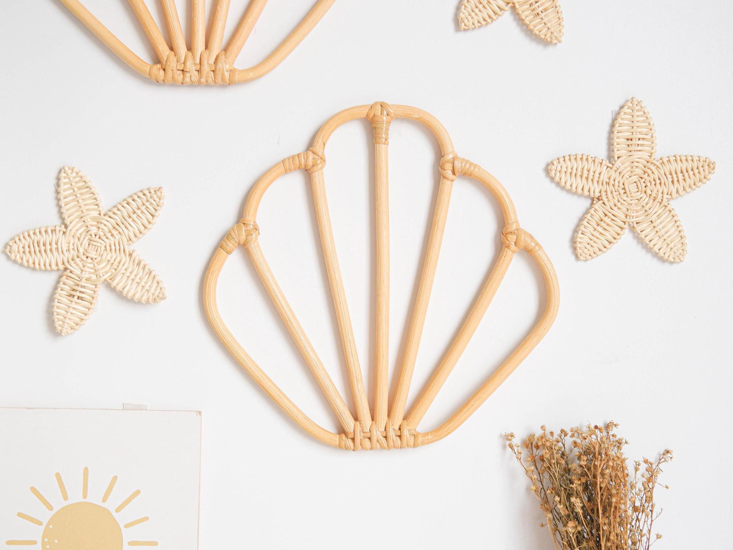 Rattan Sea Shell Wall Decor, Boho Rattan Nursery Wall Decor, Shell Nursery Decor, Beach Baby Wall Decor, Coastal Kids Playroom Decoration