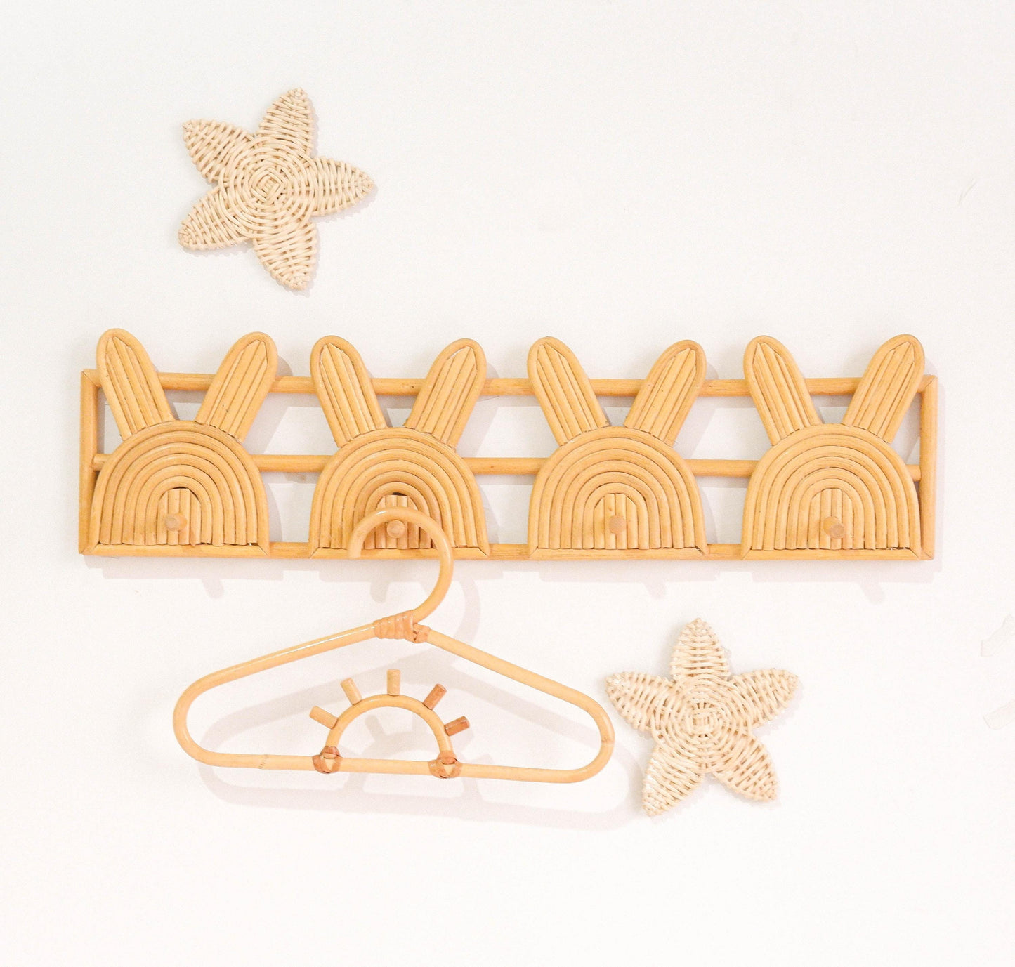 Rattan Wall Hook, Nursery Shelf With Hangers, Boho Rattan Nursery Wall Decor, Rattan Wall Shelves for Toddler Room Decor, Baby Nursery Hooks