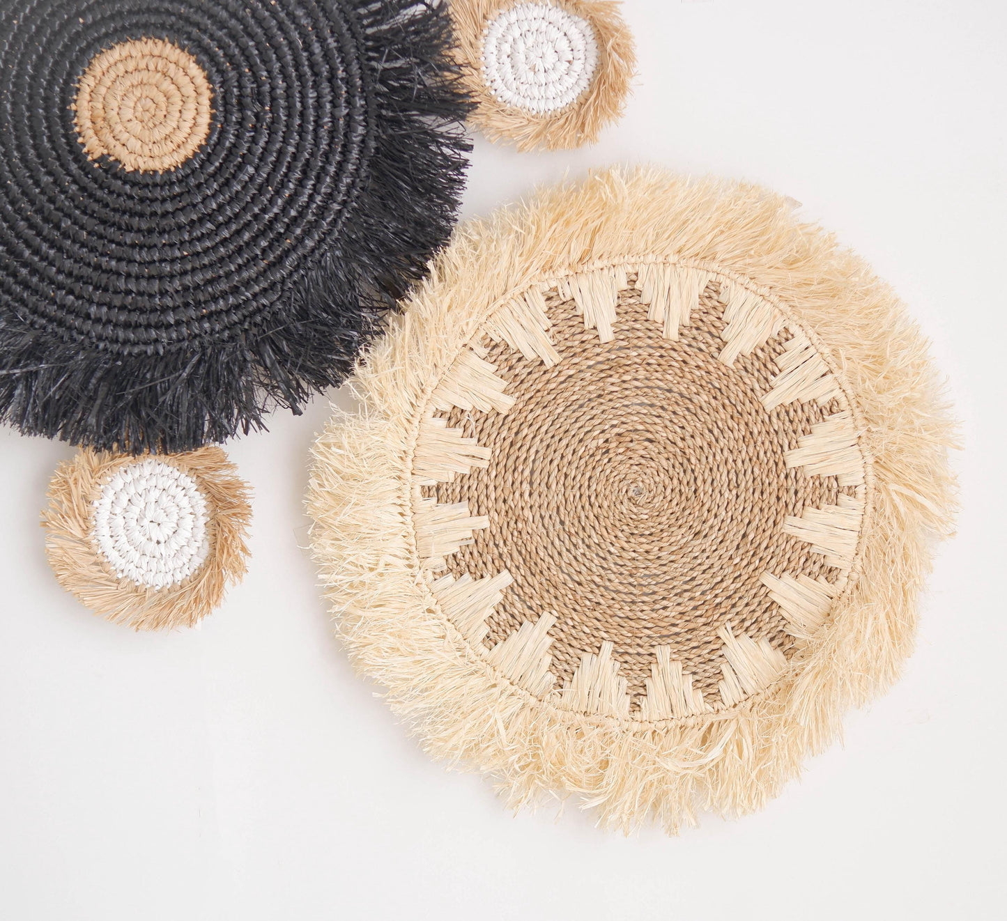 Set of 7 Basket Wall Decor, Boho Fringe Raffia Decor, Seagrass Basket Wall Decor, Boho Basket Set Wall Hanging, Natural Living Room Decor