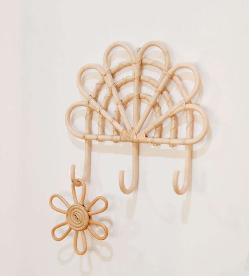 Boho Rattan Nursery Wall Decor with Rattan Flower Wall Hook to create Natural Kids Room Theme