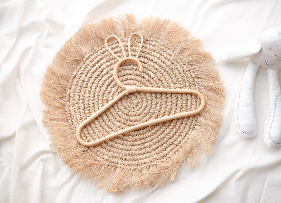 Boho Baby Clothes Hanger with Bunny Rattan Hanger to add a playful touch to nurseries and kids' rooms 