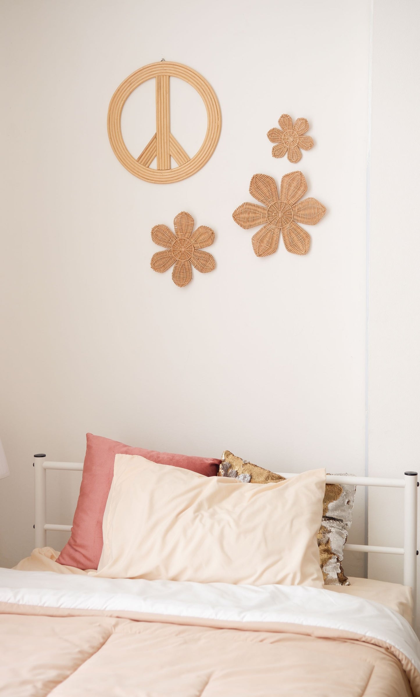 Coastal Nursery Theme Decor | Rattan Peace Sign with daisy flower