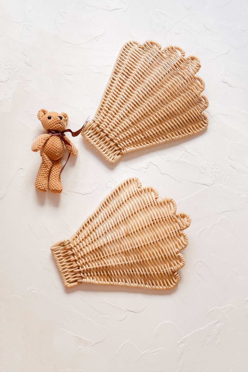 rattan sea shell decor pieces with one teddy bear, perfect for nursery charm, giving beach boho theme house