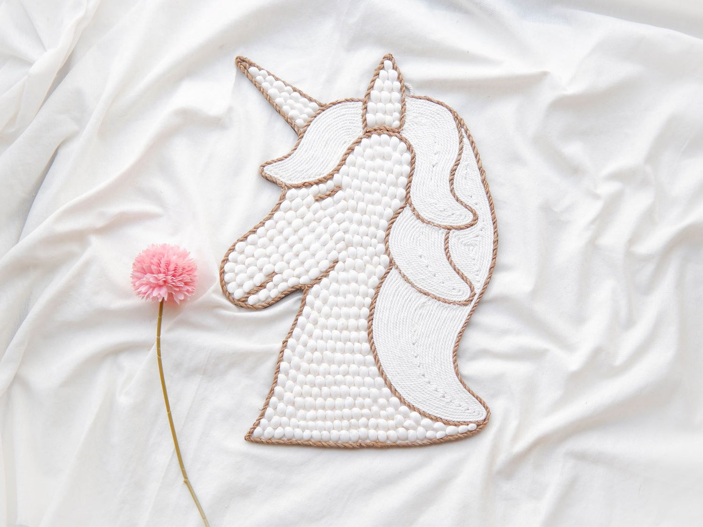 Unicorn Nursery made from White Sea Shell perfect for a boho or coquette-themed nursery and little girl's room, perfect for adding a touch of coastal in baby room