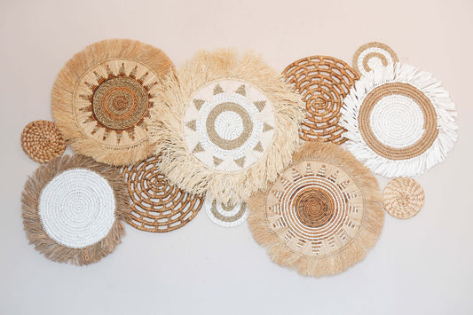 Natural Boho Basket Wall Decor Set 11, Wicker Basket Wall Decor, Bohemian Wall Basket Decor, Seagrass Wall Decor, Fringe Hanging Wall Decor