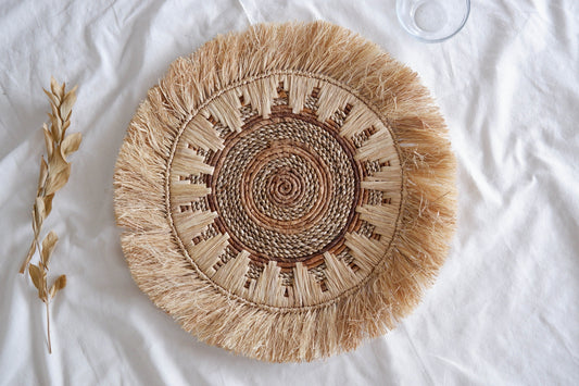 Seagrass Basket Wall Decor, Boho Fringe Wall Decor, Raffia Fringe Placemat, Woven Fringe Basket Wall Decor, Banana Bark Natural Wall Hanging