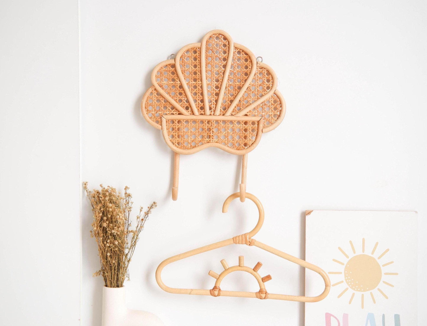 Rattan Shell Wall Hanger, Rattan Shell Wall Hook, Rattan Nursery Decor, Beach Nursery Decor For Girl, Kids Room Ocean Decor, Coastal Baby