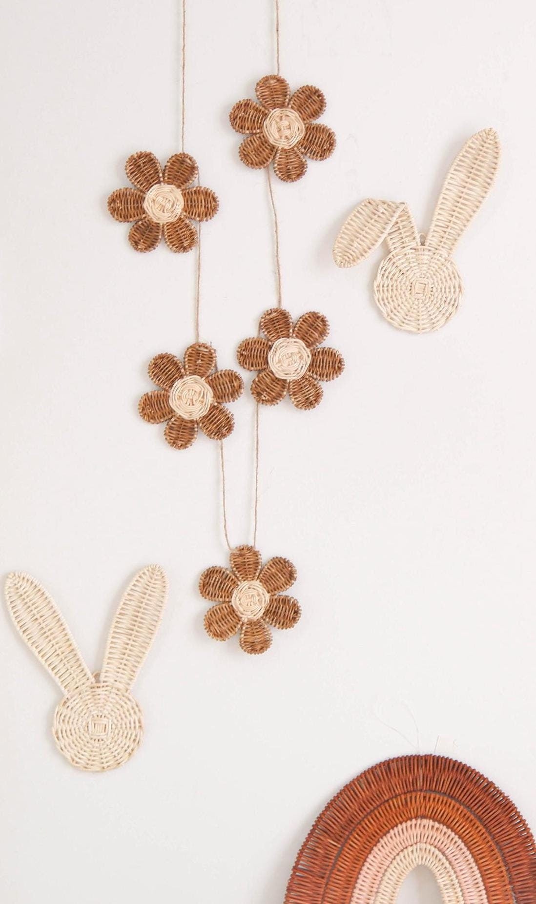 Rattan Flower Wall Decor, Flower Garland Nursery, Girl Nursery Decor Daisy, Boho Garland Decor Hanging, Wicker Daisy Shelf Decor, Rattan Toy