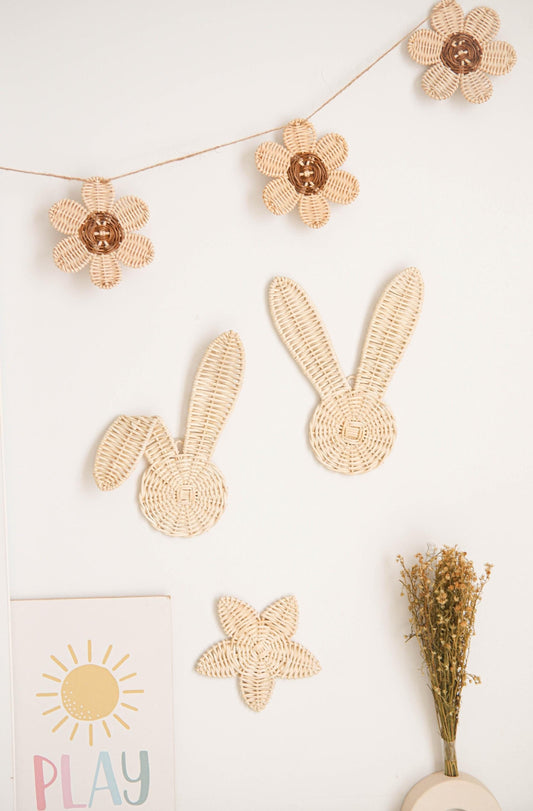 Boho Rattan Nursery Wall Decor SET, Bunny Rattan Decor Set, Bunny Nursery Decor for Girl, Easter Rabbit Decor, Beach Baby Room Decor