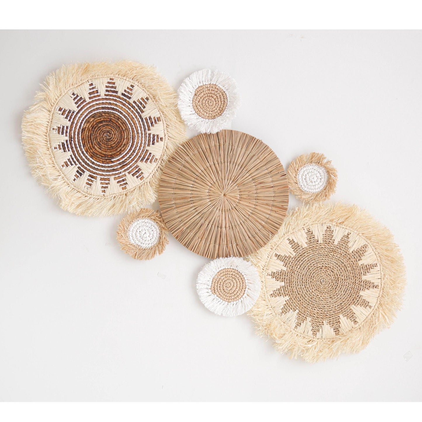 Boho Wall Basket With Fringet Set Of 7, Seagrass Basket Wall Decor, Natural Wall Decor, Boho Wicker Wall Plates, Bohemian Wall Decor