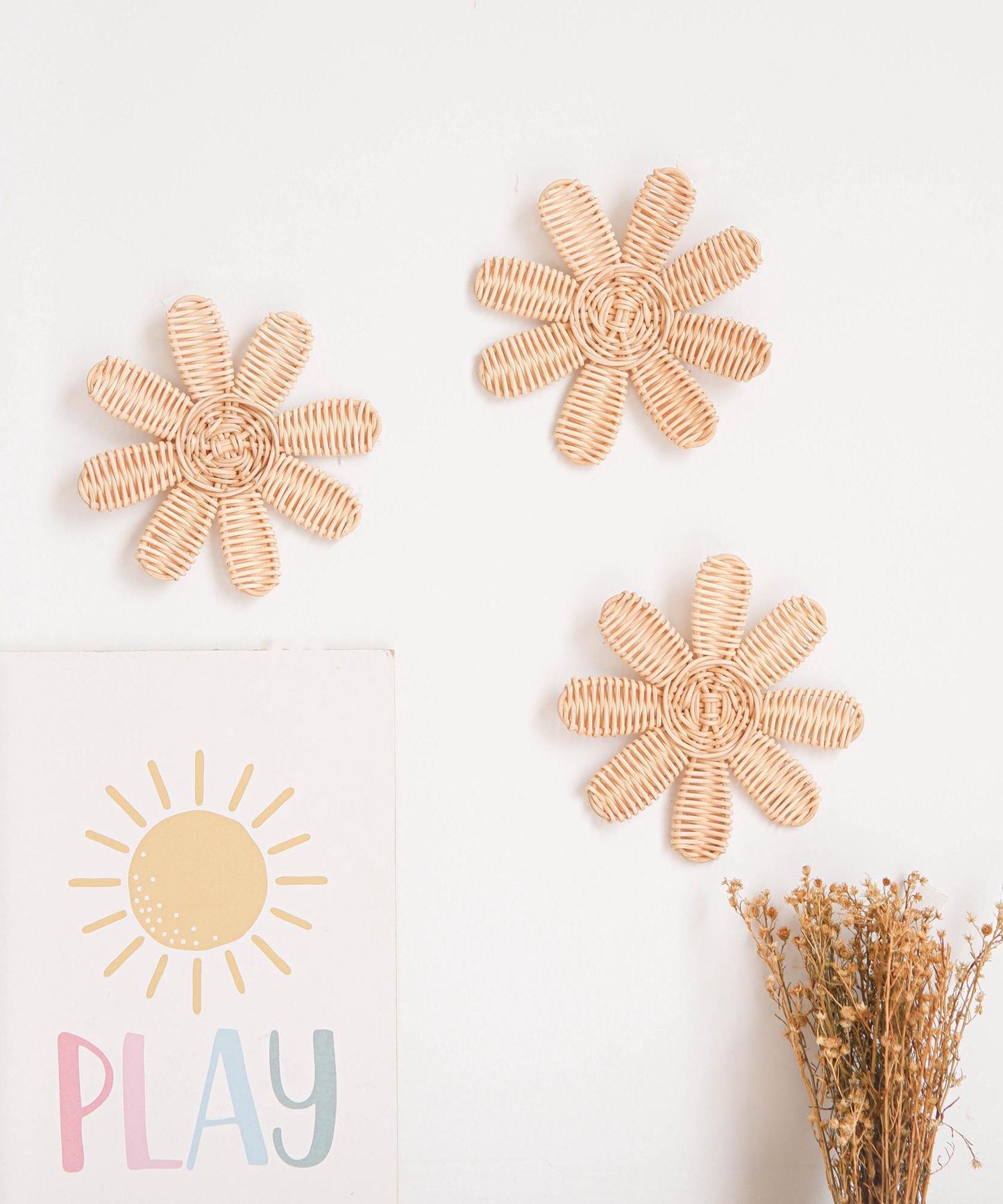 Rattan Flower Wall Decor SET, Rattan Daisy Wall Decor, Boho Nursery Wall Decor, Daisy Girl Room Decor, Rattan Kids Room Decor, Kids Playroom