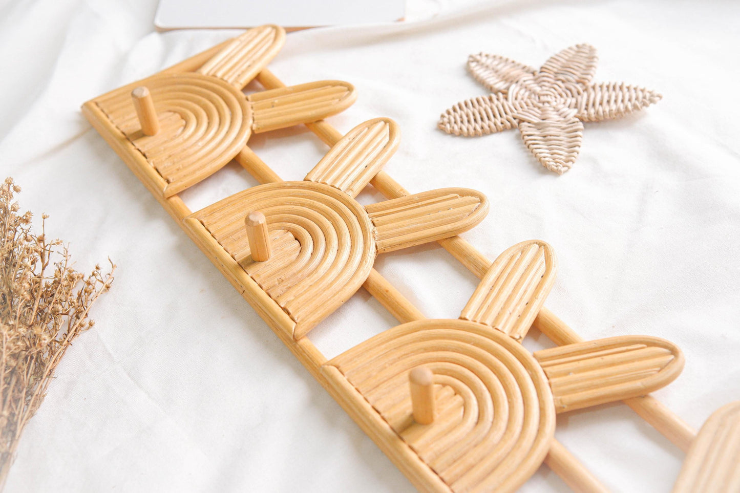 Rattan Wall Hook, Nursery Shelf With Hangers, Boho Rattan Nursery Wall Decor, Rattan Wall Shelves for Toddler Room Decor, Baby Nursery Hooks
