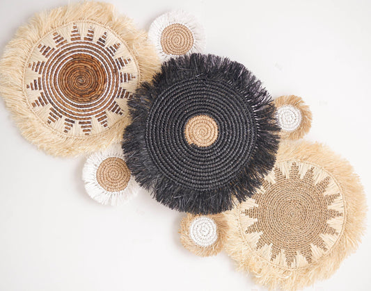Set of 7 Basket Wall Decor, Boho Fringe Raffia Decor, Seagrass Basket Wall Decor, Boho Basket Set Wall Hanging, Natural Living Room Decor