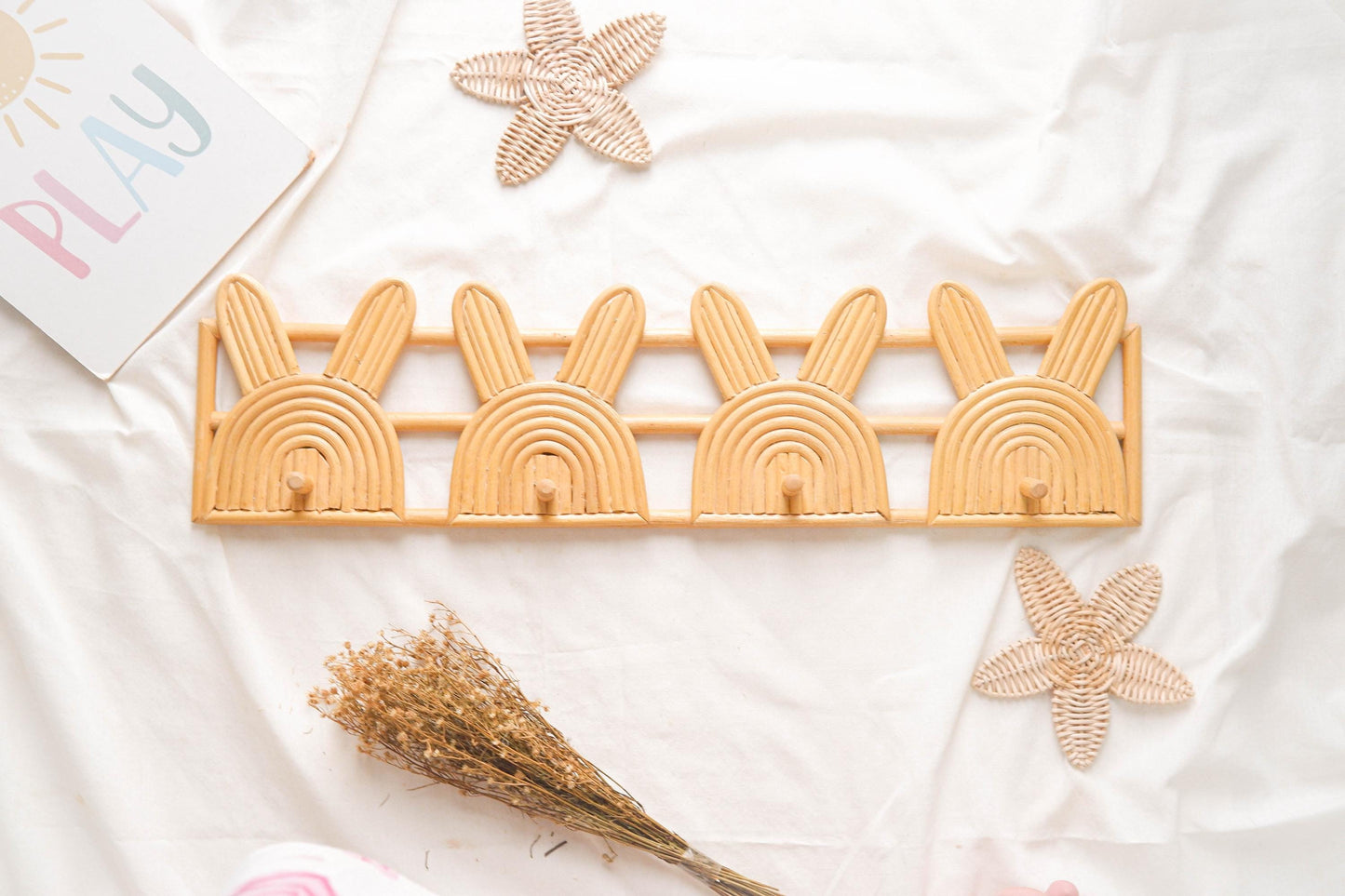 Rattan Wall Hook, Nursery Shelf With Hangers, Boho Rattan Nursery Wall Decor, Rattan Wall Shelves for Toddler Room Decor, Baby Nursery Hooks