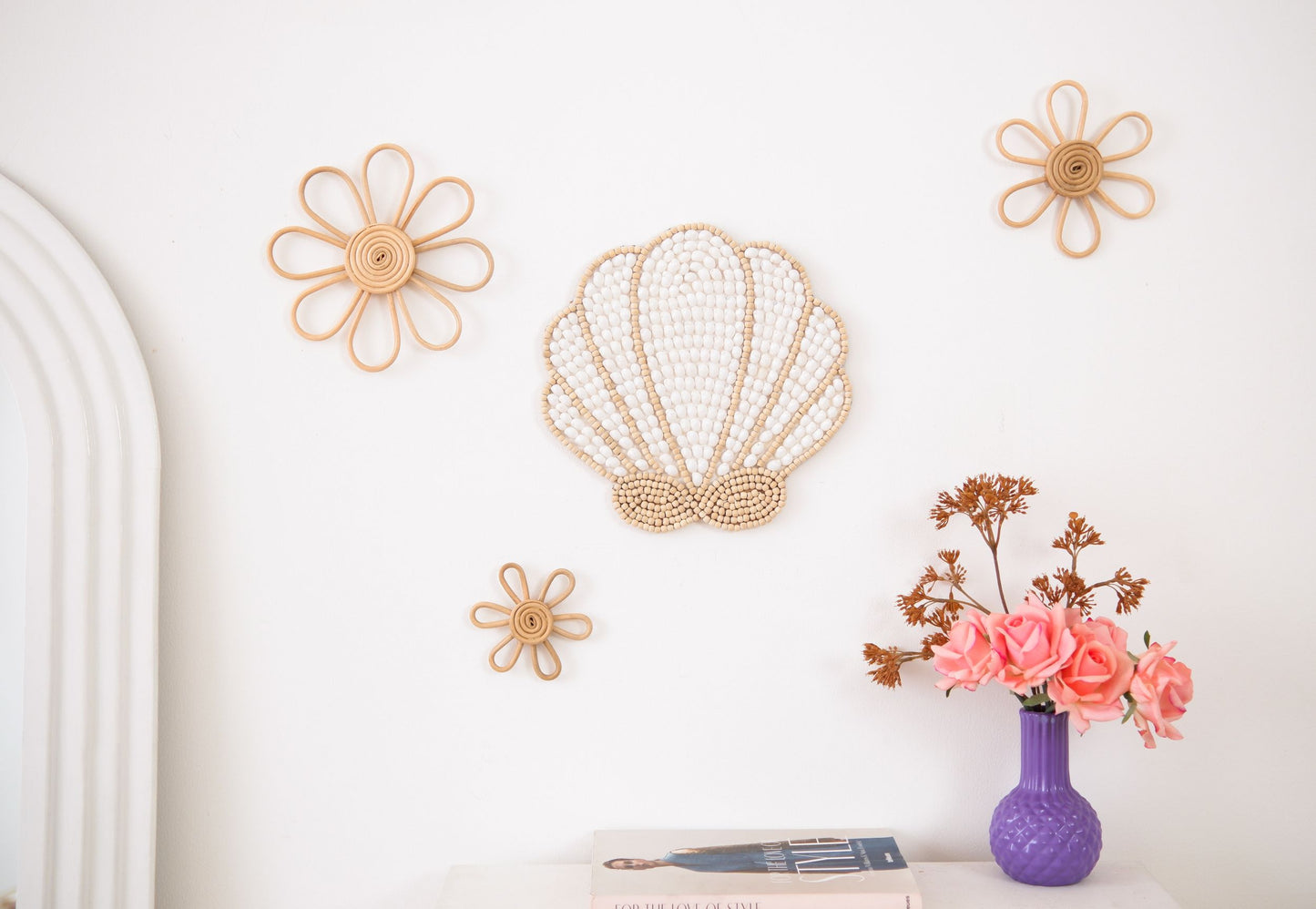 Neutral Nursery Theme Decor with Rattan Daisy Flower and handmade clam sea shell decoration | Boho Girls Room Decor | Beach Bedroom Decor Ideas